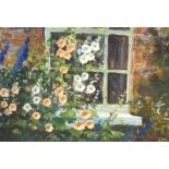 JOHN NEALE (20th century English) oil on board 'Hollyhocks and Delphiniums' 23cm x 30cm