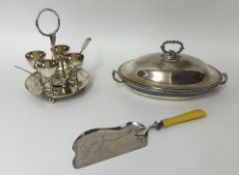 Silver plated entrée dish, four setting egg cup stand and E P cake slice