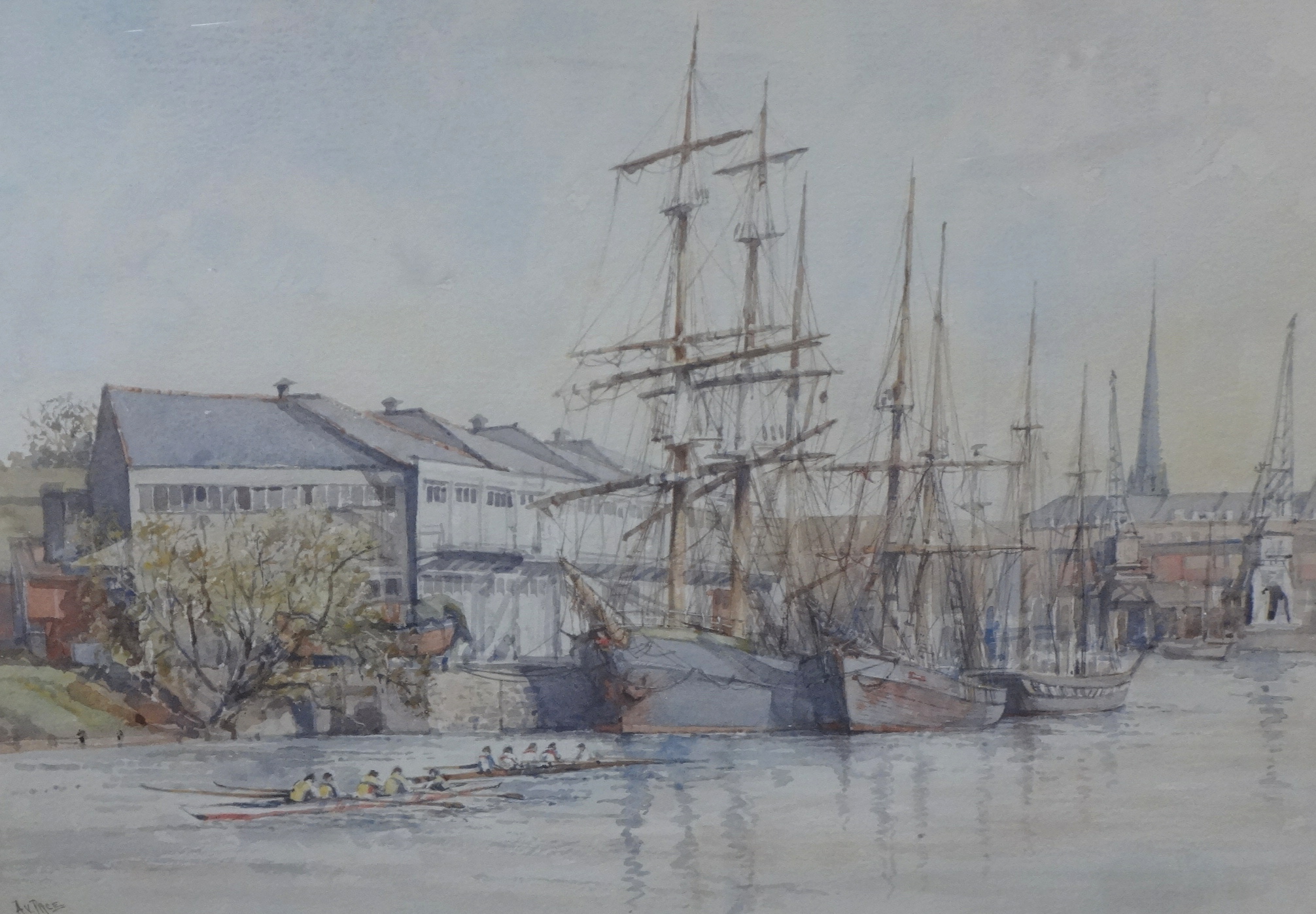 A.V.PACE watercolour 1991 'Tall Ships Moored in Bristol' signed, 43cm x 33cm also a signed limited - Image 2 of 2