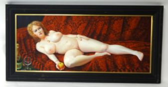 PIRAN BISHOP oil on canvas 'Reclining Nude Lady with Apple' signed, 49cm x 119cm