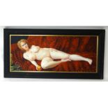 PIRAN BISHOP oil on canvas 'Reclining Nude Lady with Apple' signed, 49cm x 119cm