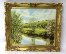 20th century oil on board 'River Scene'; in a gilt swept frame, signed HAMLIN 49cm x 60cm