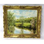 20th century oil on board 'River Scene'; in a gilt swept frame, signed HAMLIN 49cm x 60cm