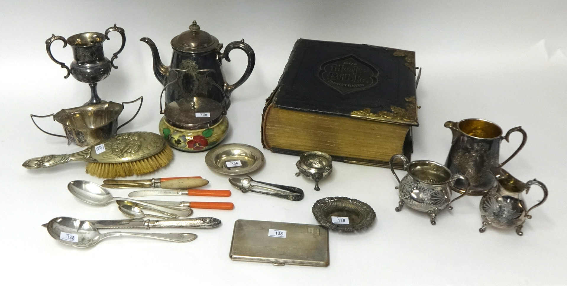 A mixed lot of various metal wares, silver plated wares, objects  also a Victorian family Bible