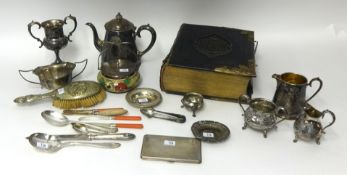 A mixed lot of various metal wares, silver plated wares, objects  also a Victorian family Bible