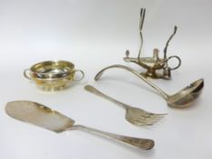 Various silver and silver plated wares including table lamp, servers and twin handled dish