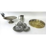 Four various silver plated items including squirrel nut dish also tray, tankard etc