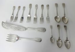 Victorian part set of flatware comprising seven various forks, five various spoons, pair of fish