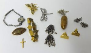 A gilt metal thimble holder and thimble, costume jewellery, earrings, Eterna dress watch etc