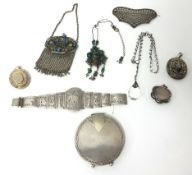 Various ornate jewellery including filigree and chain mail purse, Art Deco style white metal