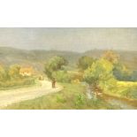 Signed oil on board 'Rural Scene with Cottage' circa 1920's 15cm x 24cm