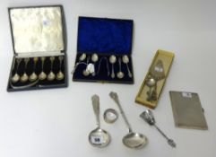 A mixed lot of silver and some silver plate including cased set of teaspoons with gilt decoration, a