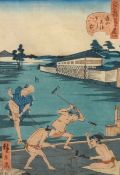 Three Japanese wood block prints, in the style of Utagawa Hirokage, 33cm x 22cm