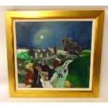 GILL WATKISS (b1938) 'Evening at Lelant Church' 1984, signed verso, oil, 45cm x 49cm