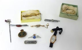 A mixed lot including 9ct gold wrist watch with stylish face, brooches, Scottish Amethyst hat pin, a