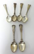 Set of six silver dessert spoons with scalloped decoration, approximately 12.79 oz.