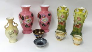 Mixed collection of Victorian and later glass and china ware including pair of pink opaline glass