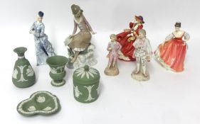 A Lladro figure, two Royal Doulton figures 'Top of The Hill and Fair Lady', green Wedgwood and three