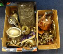 Various metalwares, brass trinkets, silver plated biscuit box etc