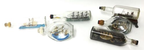 Various clocks including miniature longcase clocks, six various ships in bottles etc