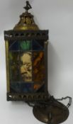 Edwardian hall lantern with brass case and coloured glass panels
