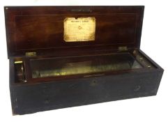 19th century music box by Nicole Frere playing eight airs with single 13" cylinder with impressed