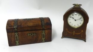 A Victorian walnut and brass bound tea caddy with dome top also an Edwardian inlaid cased mantle