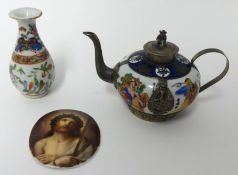 A Continental porcelain hand painted plaque, modern Chinese porcelain and white metal wine pot and a