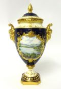 A Coalport vase and cover decorated with a scene of 'Lake Windermere' on blue and cream ground