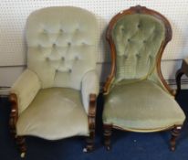 Two Victorian upholstered chairs, an armchair and a nursing chair