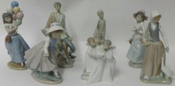 A Lladro figure of a girl with balloons, Lladro seated man t/w five other Nao figures  (7)