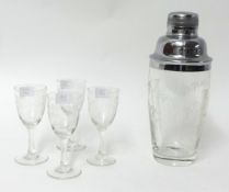 An Art Deco design glass and EP cocktail shaker and four matching drinking glasses