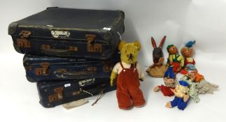 Three KLM flight cases also some old soft toys and puppets, teddy bear etc
