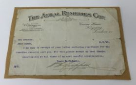 A signed note on headed paper, H.H.Crippen, 31st May 1910. The Aural Remedies Company (considered to