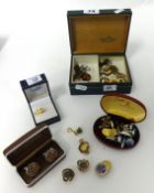 A Rolex watch box, various badges and cufflinks including 9ct gold and enamelled British Legion