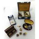 A Rolex watch box, various badges and cufflinks including 9ct gold and enamelled British Legion