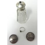 A silver and glass salt pot (Chester), pair silver earrings and silver ring (inset with bird