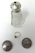A silver and glass salt pot (Chester), pair silver earrings and silver ring (inset with bird