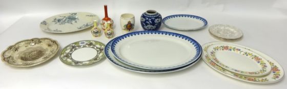 Various decorative meat platters, Bristol b/w toilet jug, chamber pot and other china wares