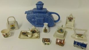 Novelty WWI tank tea pot, crested ware and miniatures cottages