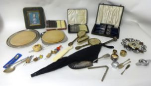 Collection of various metal ware, parasol, cutlery sets, wall barometer, napkin rings etc