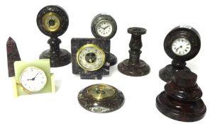 Two marble cased clocks, one barometer and other items including marble inkwell, candlestick, etc