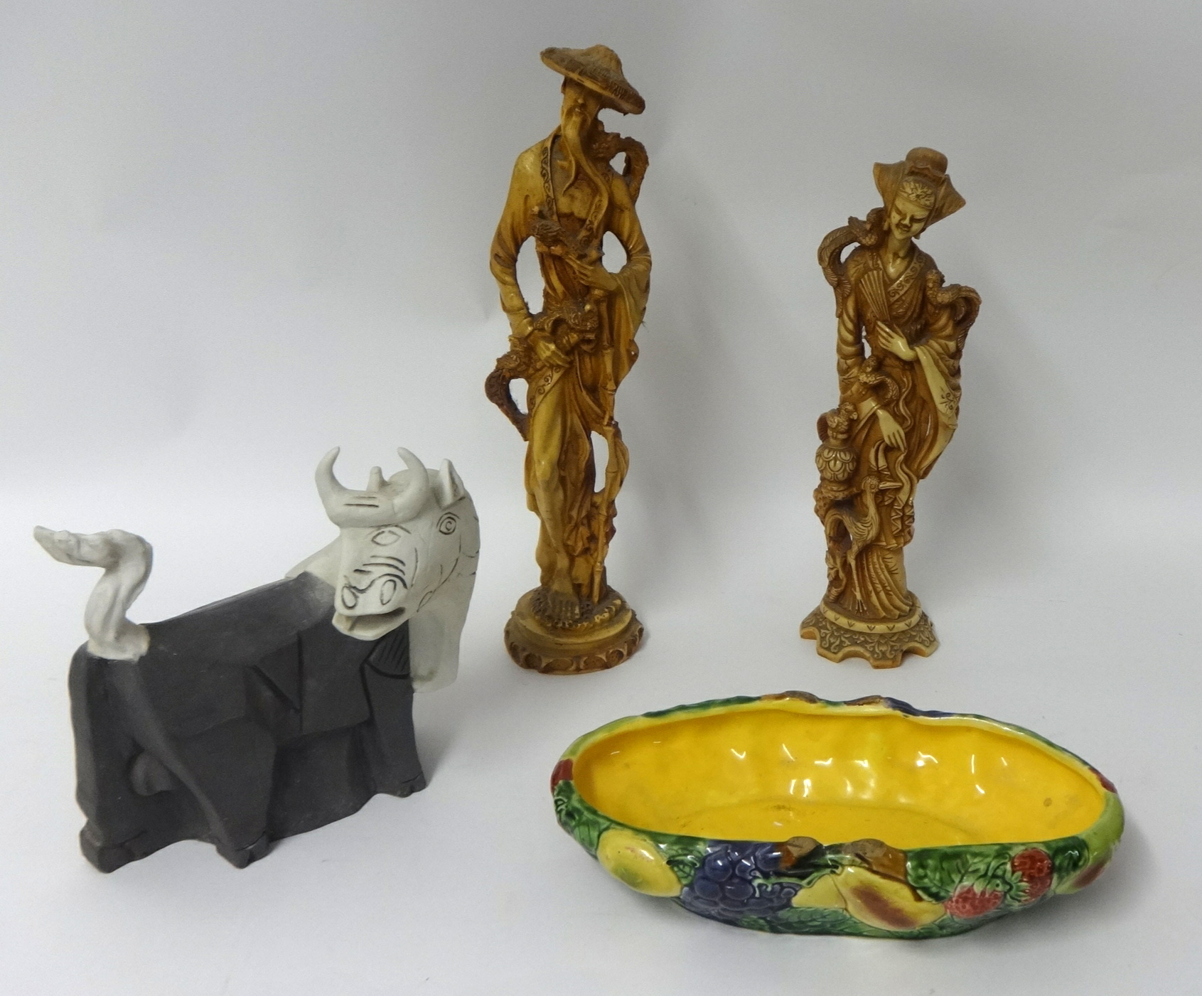 Various ornaments including pottery facemasks, reproduction Chines dogs, Oriental modern figures and - Image 3 of 4