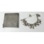 Silver cigarette case and a silver charm bracelet