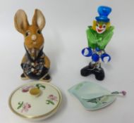 Moreno glass clown, a blow up Pendelphin bunny, Carlton ware dish and butter knife and a Bavarian