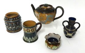 Doulton Slaters tea pot by Rosina Brown a/f , tobacco jar. Tankard, jug and vase (5)