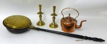 Victorian copper kettle, 19th brass and wood bed warmer and a pair of brass candlesticks