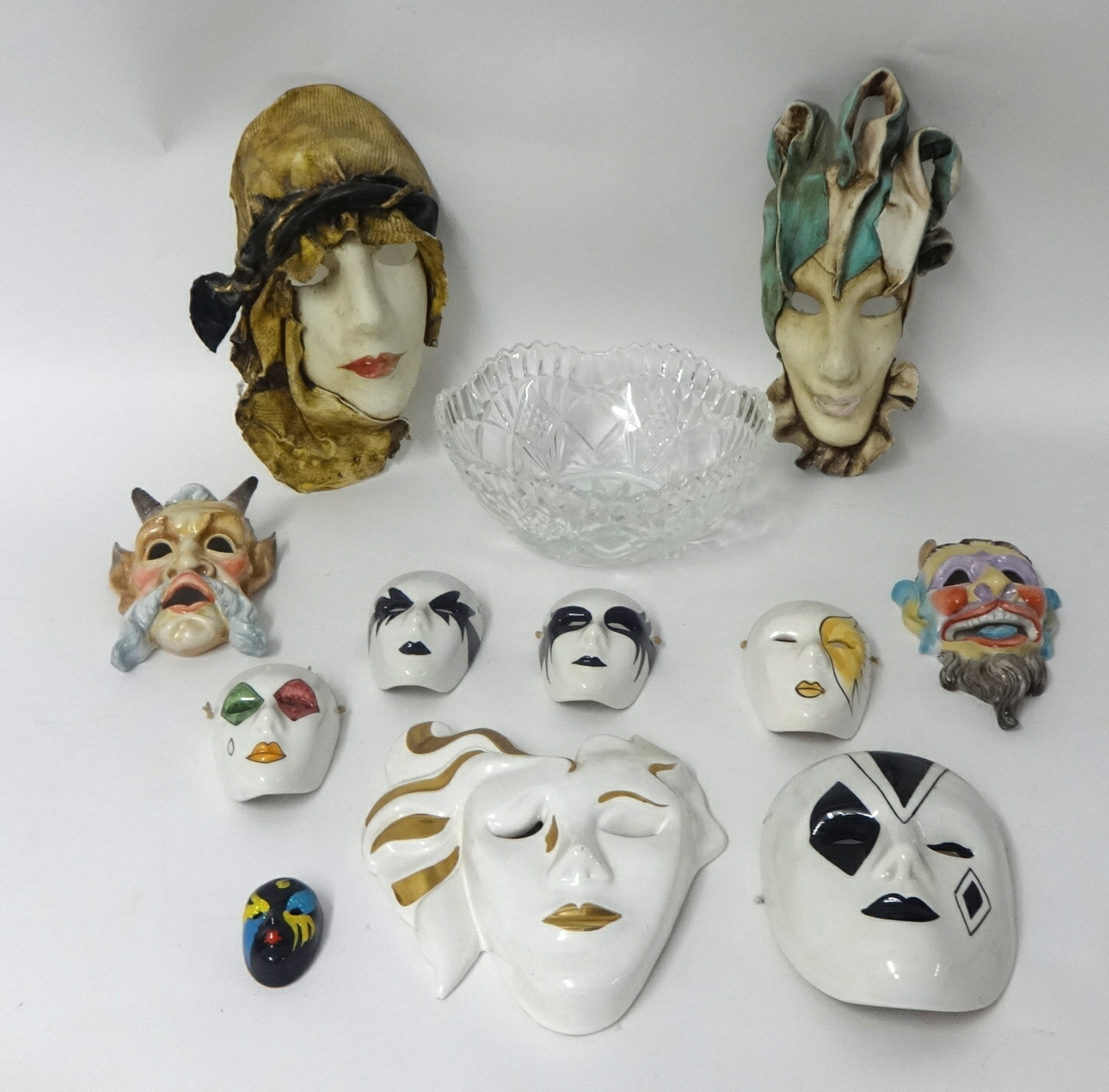 Various ornaments including pottery facemasks, reproduction Chines dogs, Oriental modern figures and - Image 2 of 4