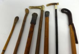 Two lacquered walking canes, old sticks, umbrellas and umbrella pot