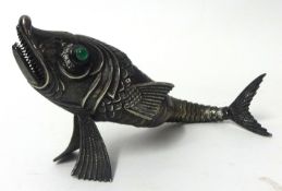A Continental silvered articulated fish with coloured eyes, 20cm long